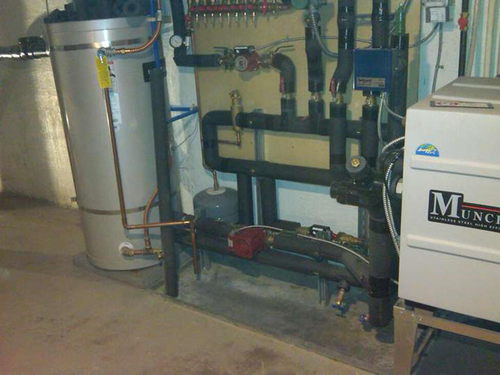 Boiler and piping, radiant floor heating with indirect-fired water heater